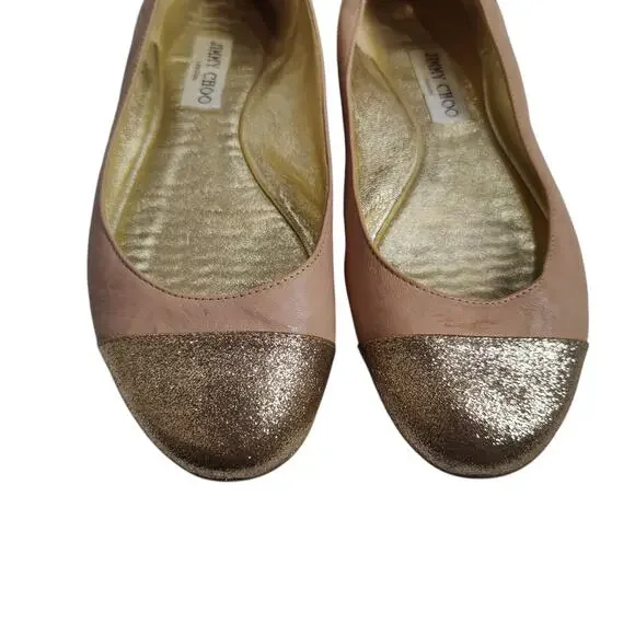 Jimmy Choo Sz 40 (US 10) Pink Gold Metallic Sparkle Cap Toe Ballet Flat Leather - Picture 3 of 10
